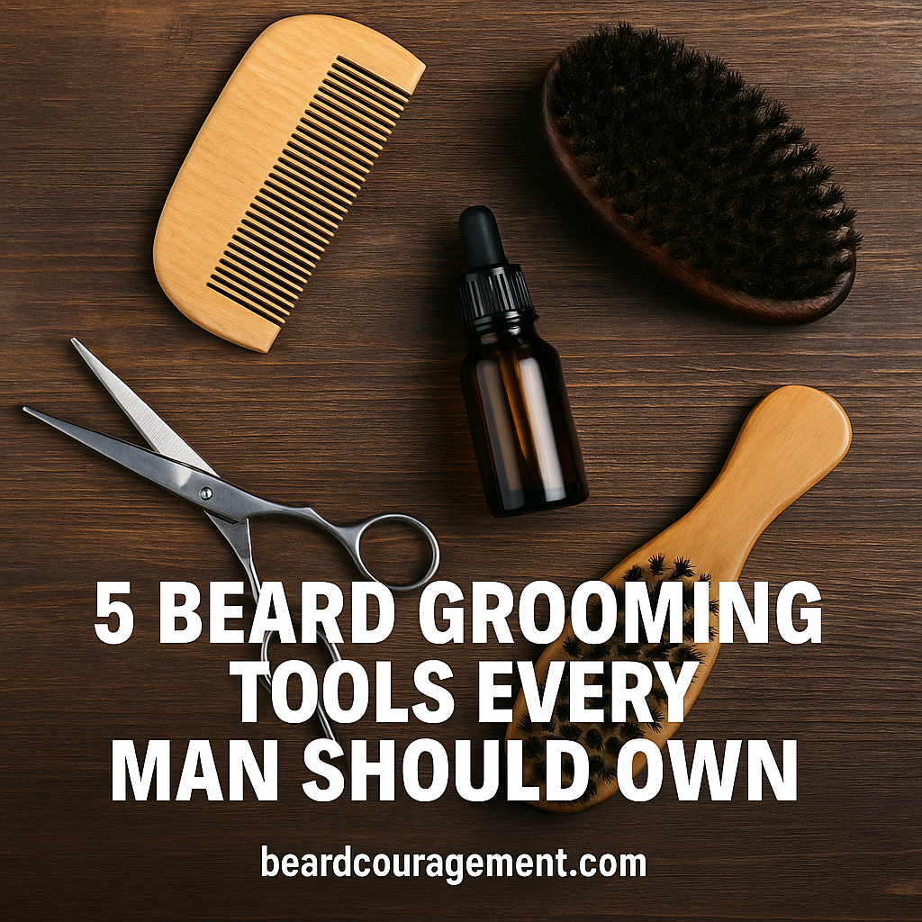 Beard grooming tools including a comb, brush, scissors, and beard oil arranged on a wooden surface.