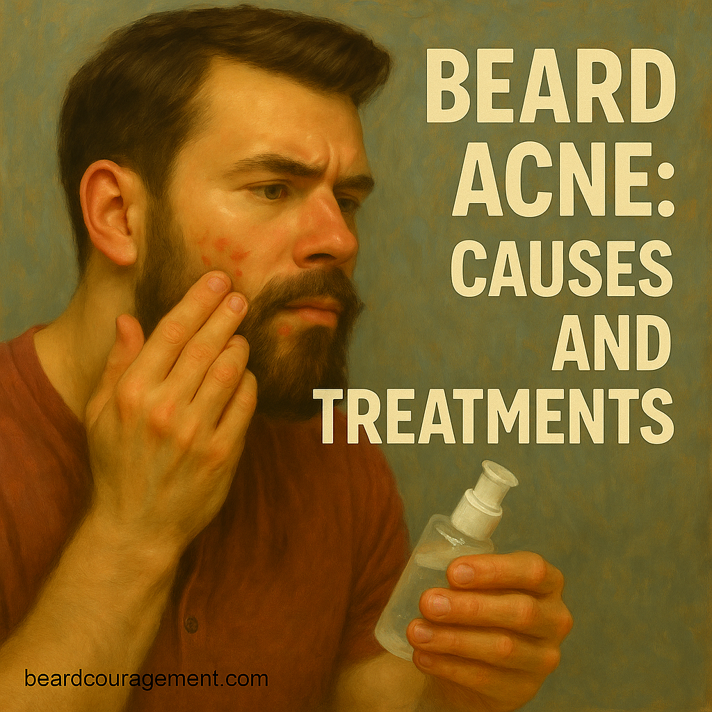 Man with a short beard examining mild beard acne in the mirror beside text that reads “Beard Acne: Causes and Treatments.”