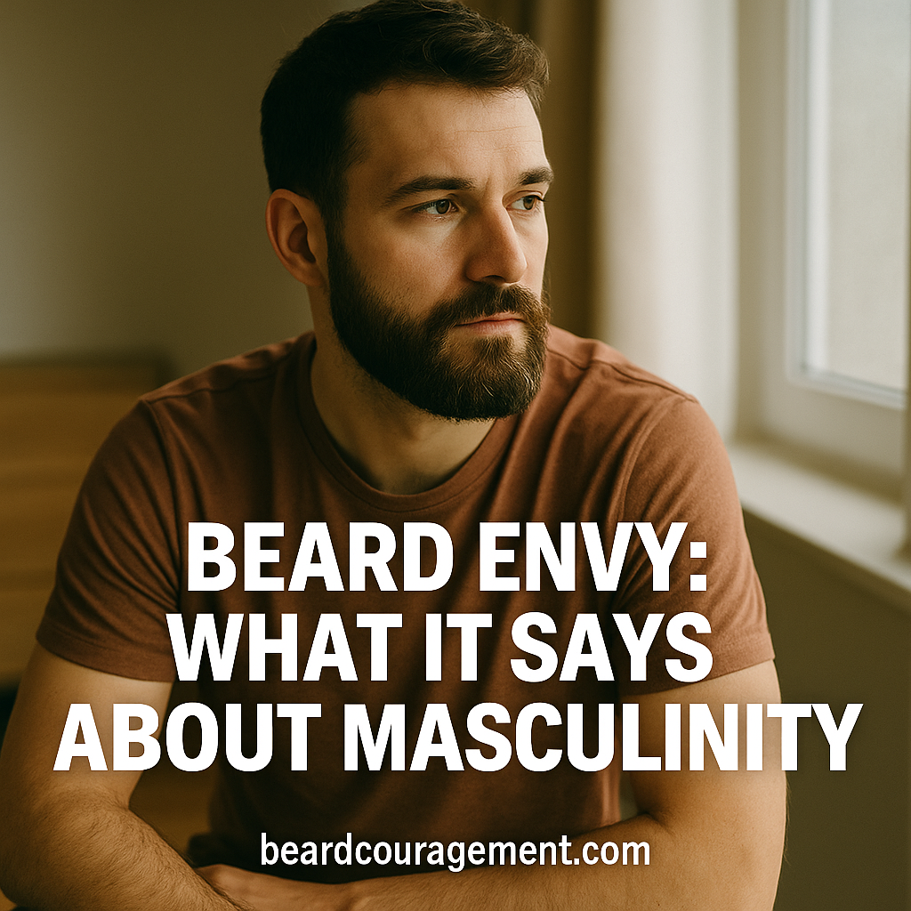 Thoughtful bearded man sitting by a window in soft natural light, symbolizing reflection on masculinity and self-image.