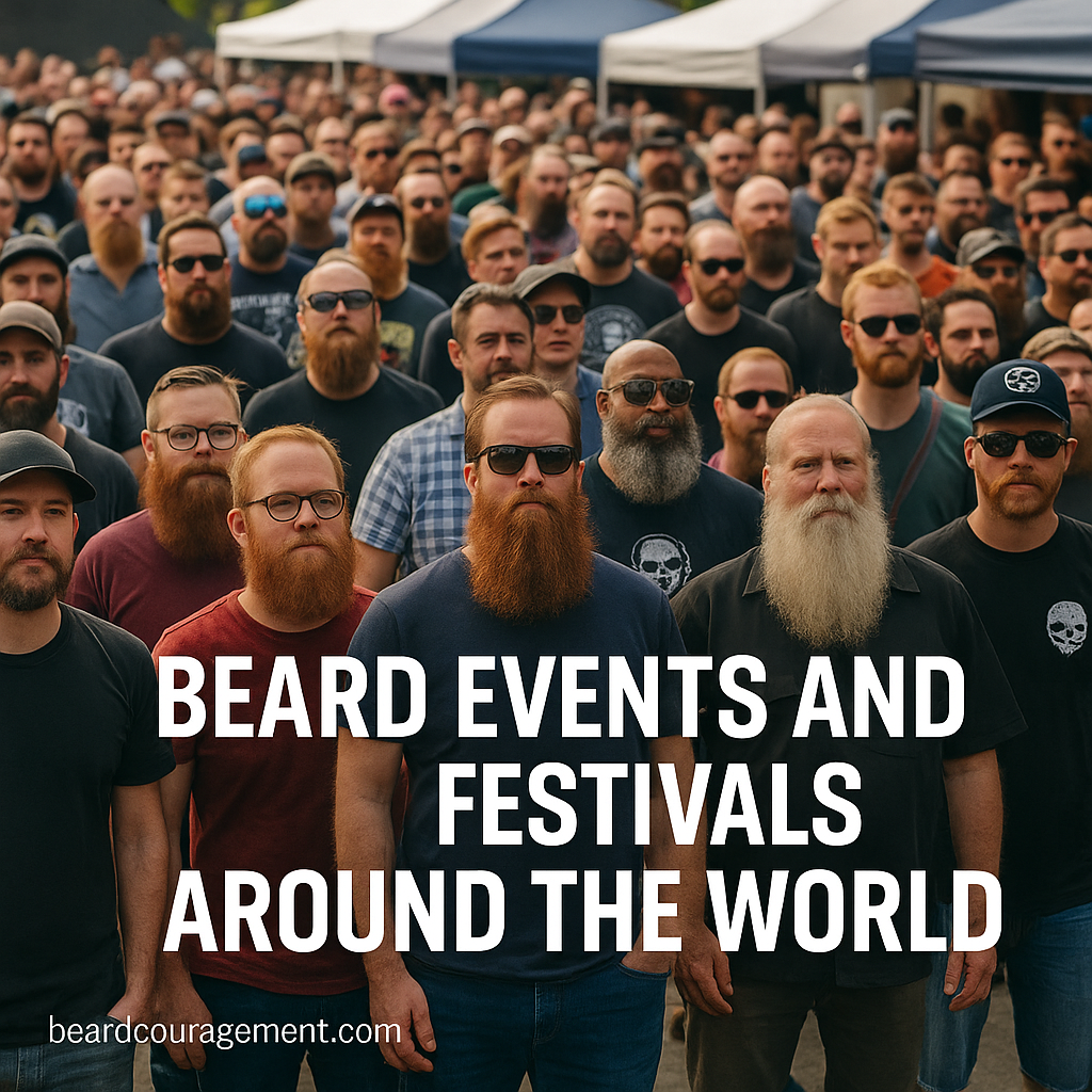 Crowd of men with various beard styles gathered at an international beard competition or festival, representing global beard culture