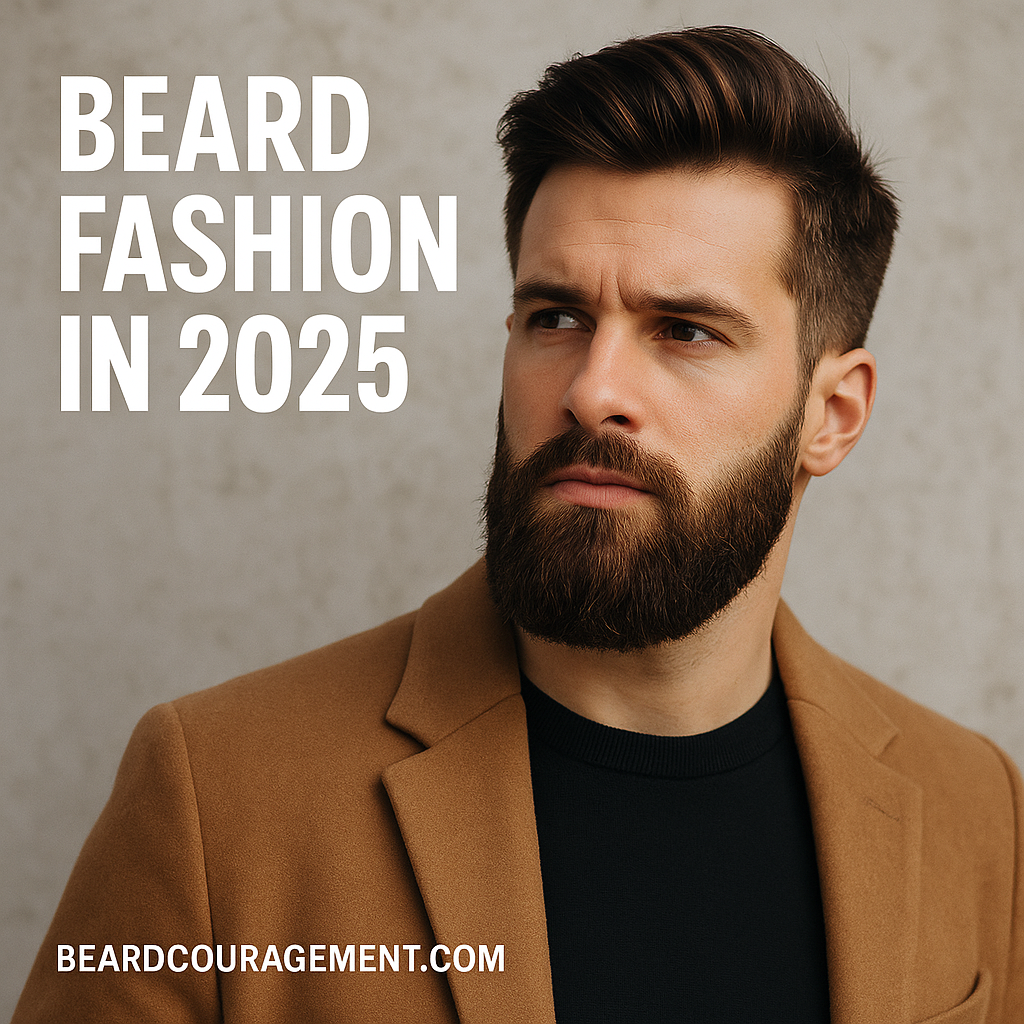 A stylish bearded man wearing a camel jacket and black shirt looks confidently to the side, representing modern beard fashion trends for 2025.