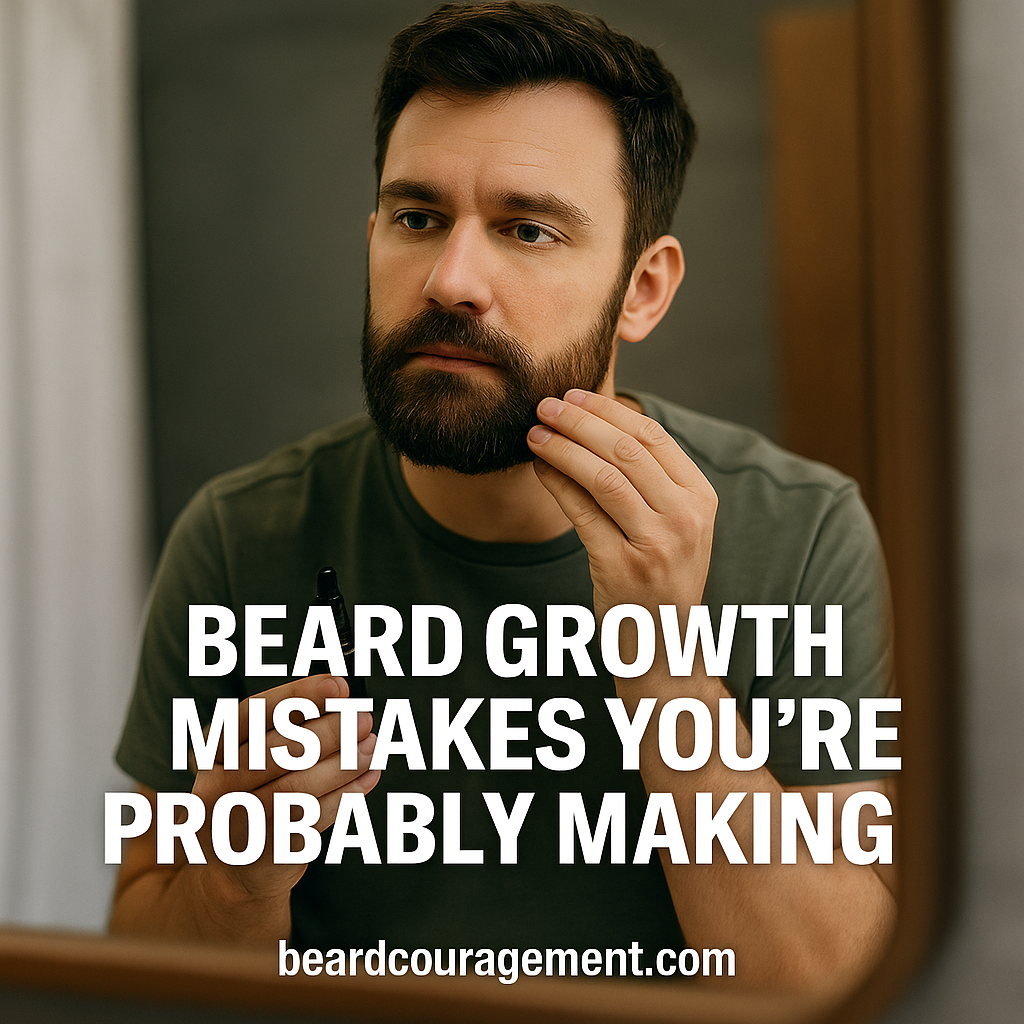 Man looking in the mirror while applying beard oil, representing common beard growth mistakes.