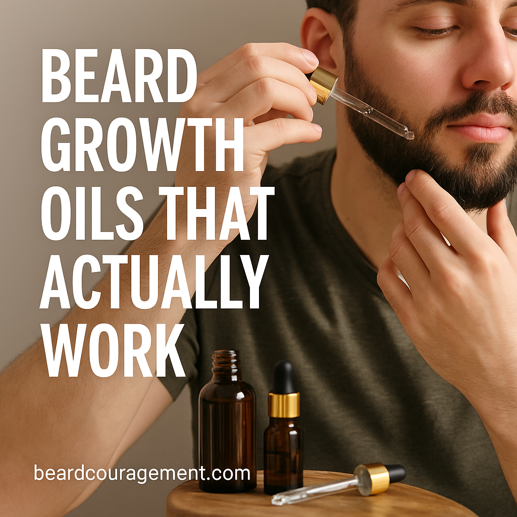 Close-up of natural beard oil bottles and dropper on wooden surface beside a man applying oil to his beard, representing effective beard growth oils