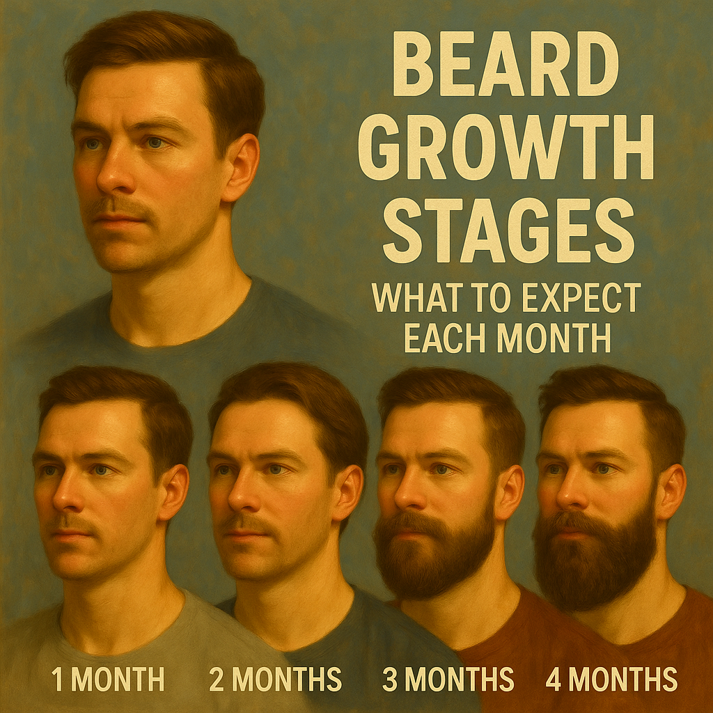 Visual guide showing the stages of beard growth over four months, featuring the same man progressing from stubble to a full beard beside text that reads “Beard Growth Stages: What to Expect Each Month.”