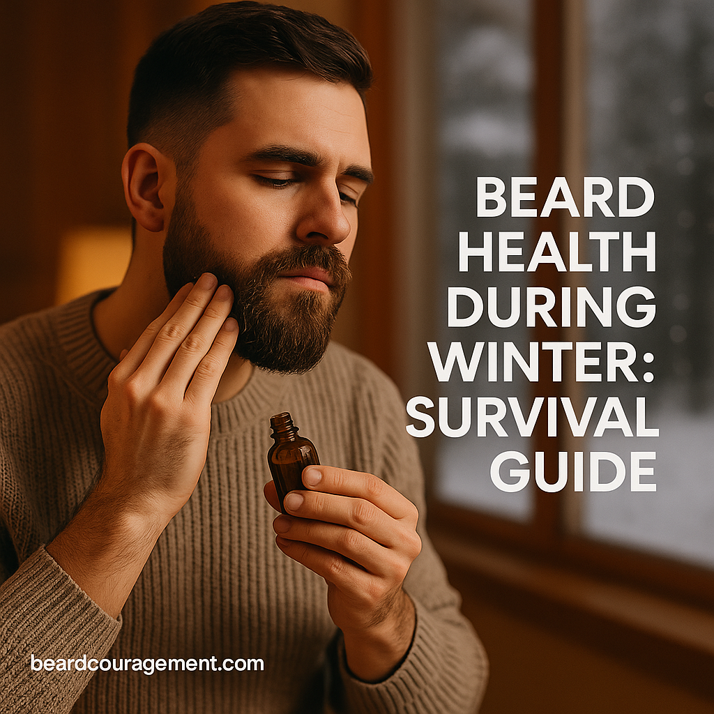 Man applying beard oil in a cozy winter setting, representing proper beard care and hydration during cold weather