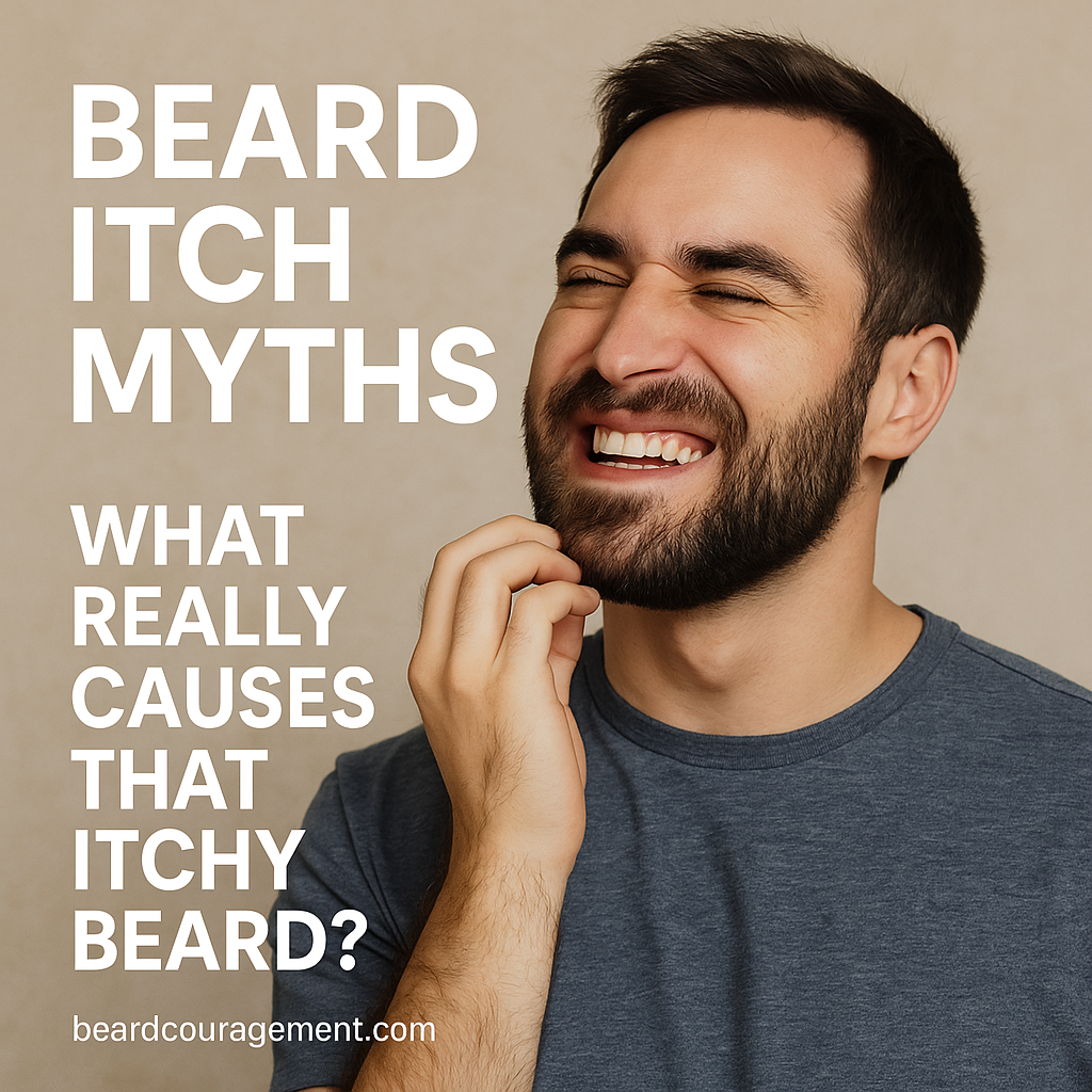 Man with a short beard scratching his face and smiling, representing the myths and real causes of beard itch