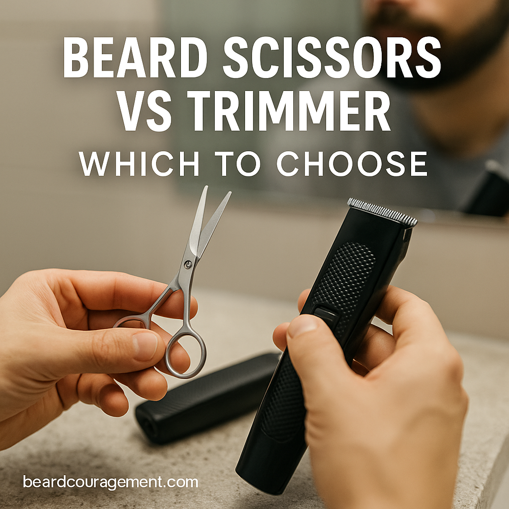 Close-up of a man comparing beard scissors and an electric trimmer on a bathroom counter, representing the decision between manual and powered beard grooming tools