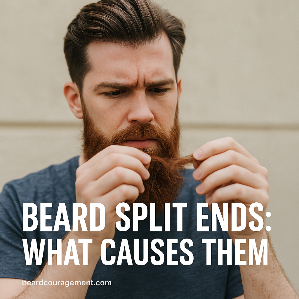 Close-up of a man examining his beard tips for split ends, representing the causes and prevention of beard damage