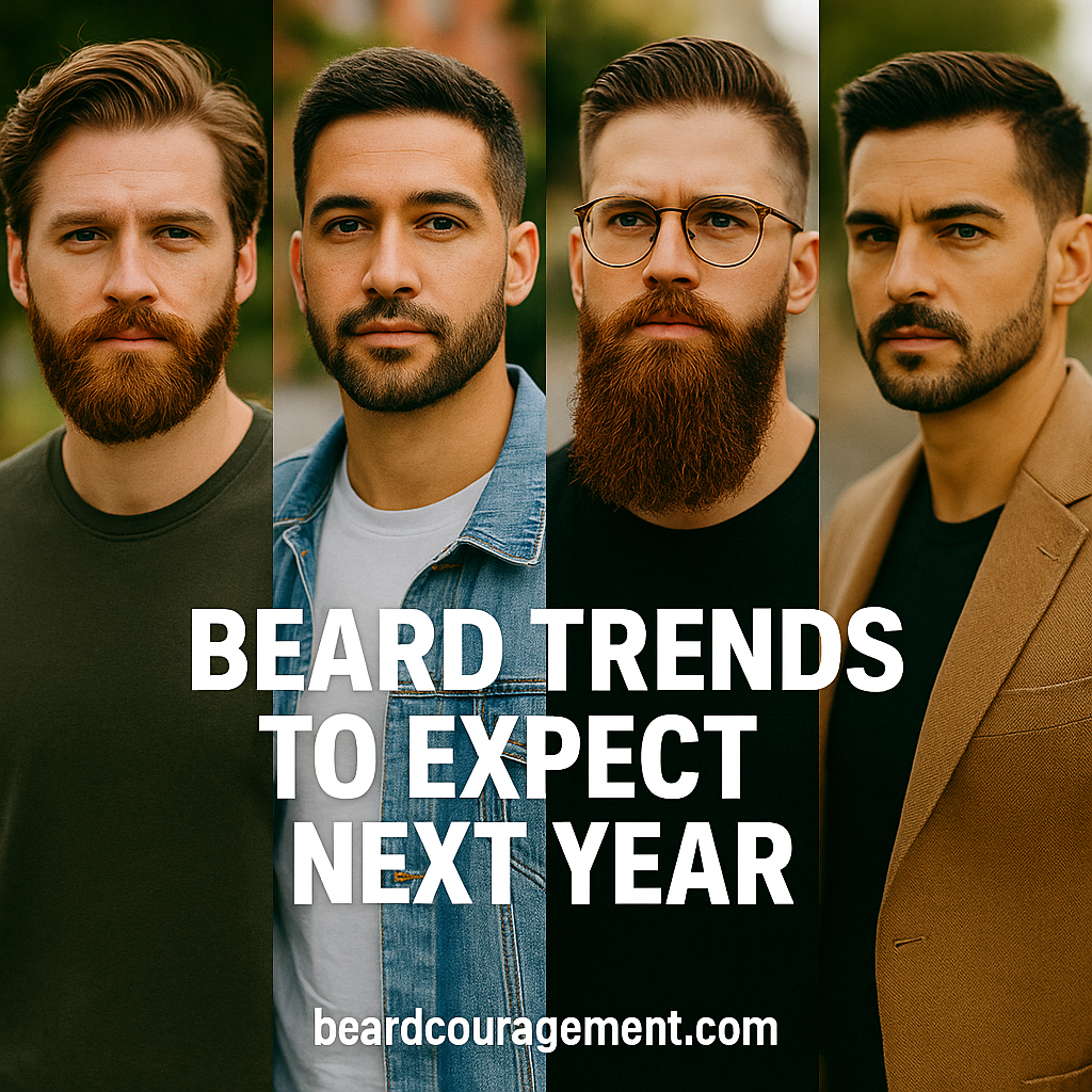 Collage of four men with different beard styles including full beard, stubble, long beard, and faded beard, representing upcoming beard trends.