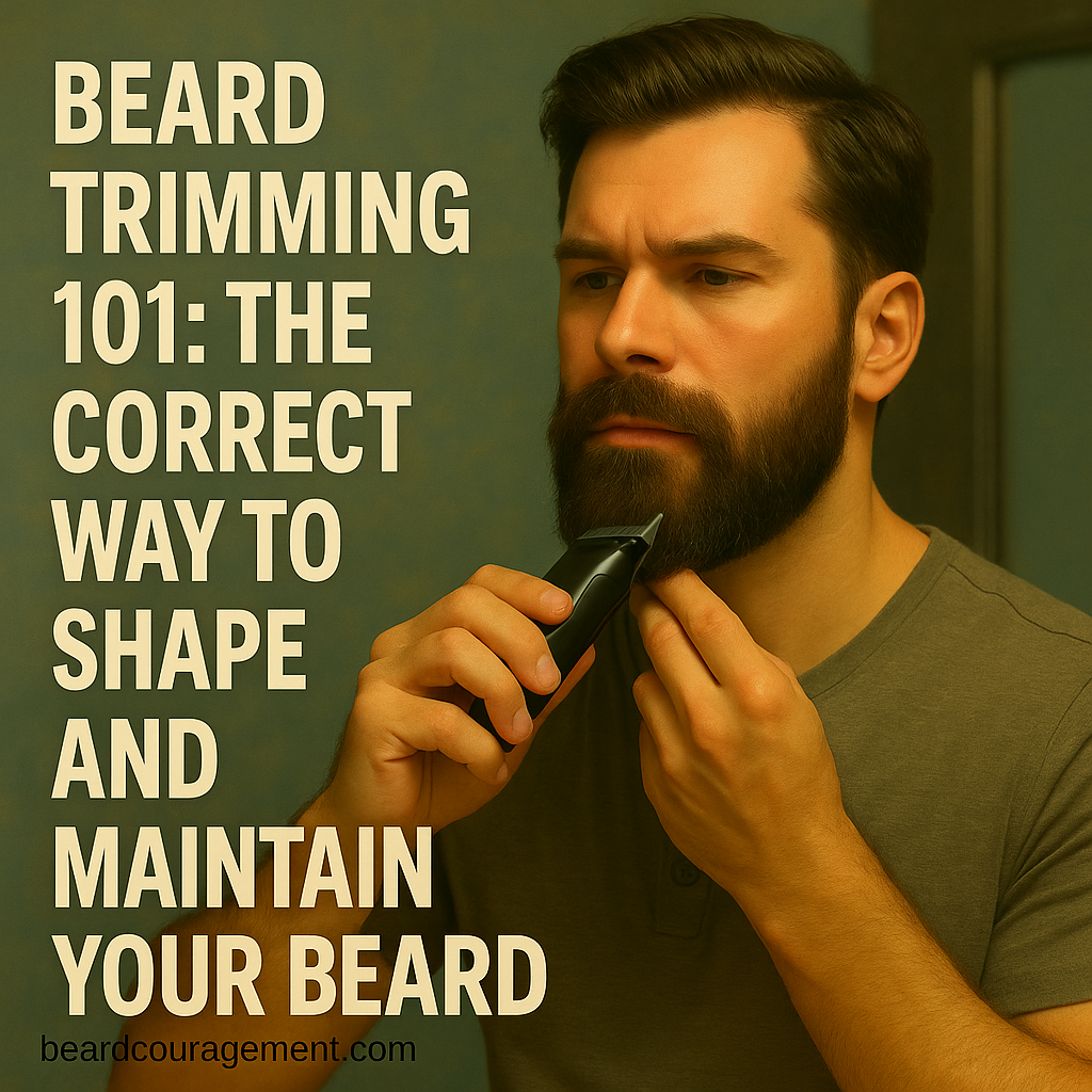 Man carefully trimming his beard in front of a mirror beside text that reads “Beard Trimming 101: The Correct Way to Shape and Maintain Your Beard.”