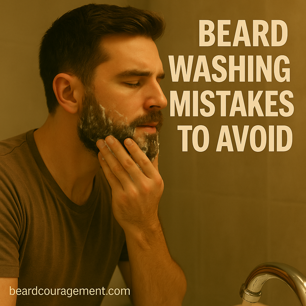Man washing his beard at a sink with warm lighting, with the title ‘Beard Washing Mistakes to Avoid’ on the right.