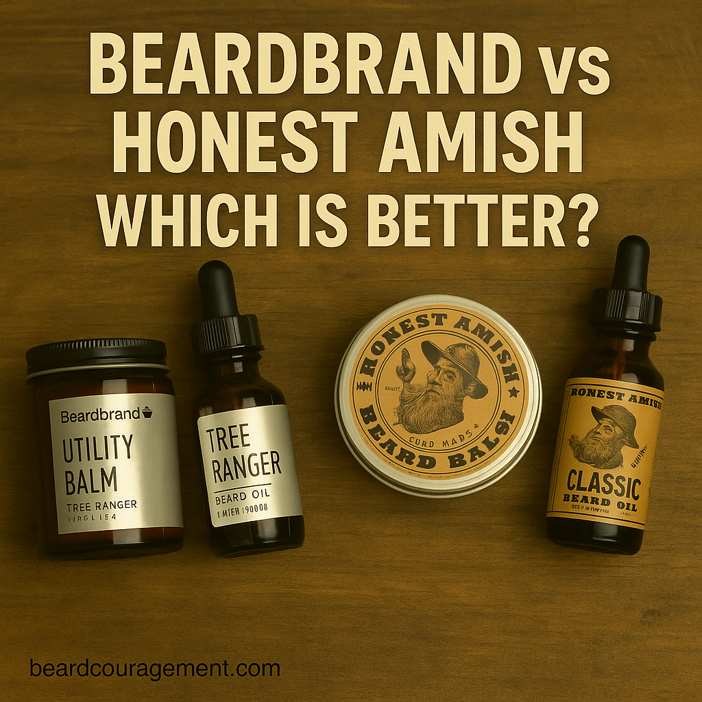 Beardbrand and Honest Amish beard care products displayed side by side on a wooden surface beside text that reads “Beardbrand vs Honest Amish: Which Is Better?”