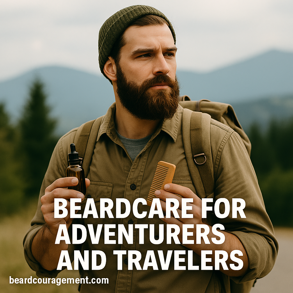 Traveler with a beard standing outdoors holding beard grooming essentials.