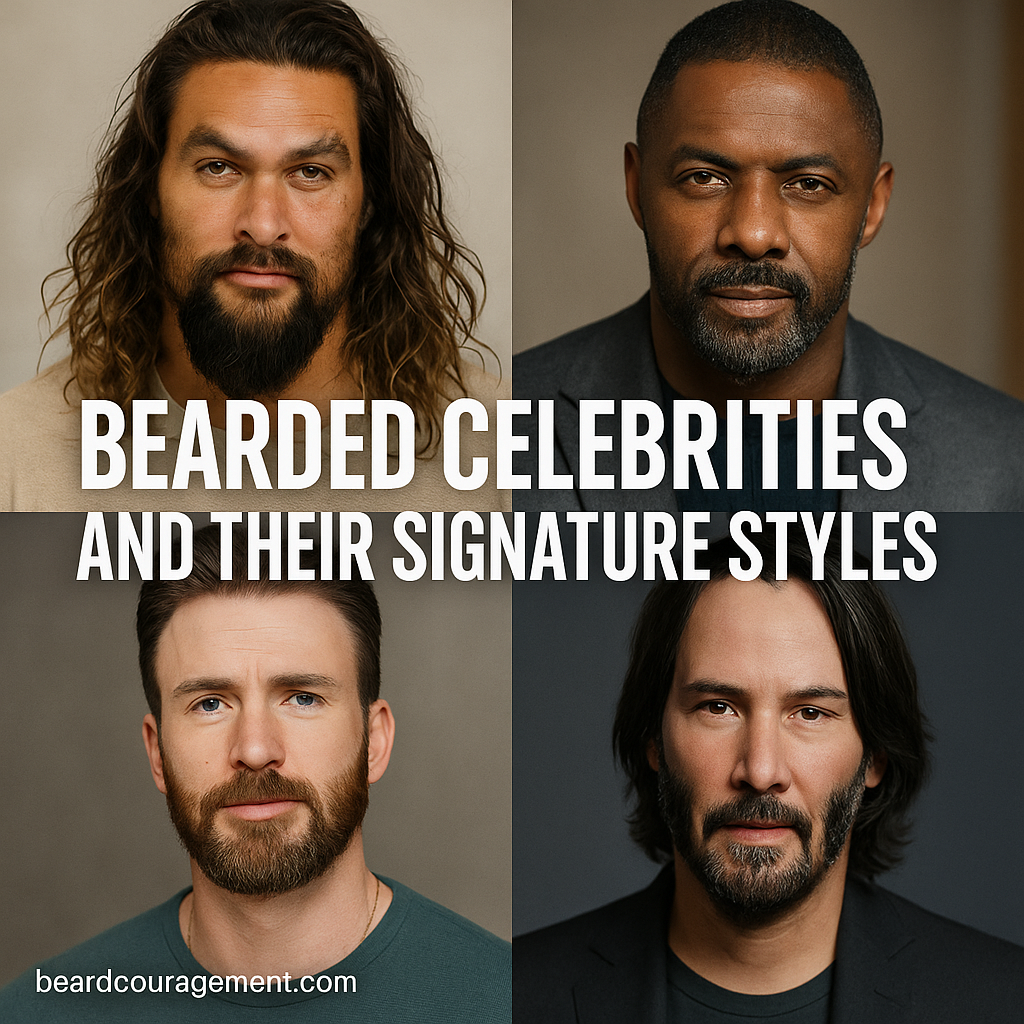 Collage of famous bearded celebrities like Jason Momoa, Idris Elba, and Keanu Reeves representing unique signature beard styles