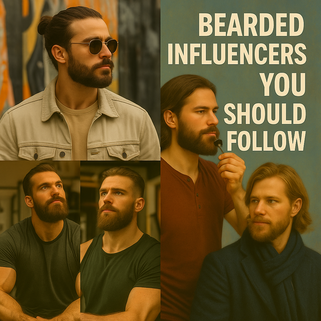 Collage of stylish bearded men in different influencer settings — city street, gym, barbershop, and outdoor scene — beside text that reads “Bearded Influencers You Should Follow.”