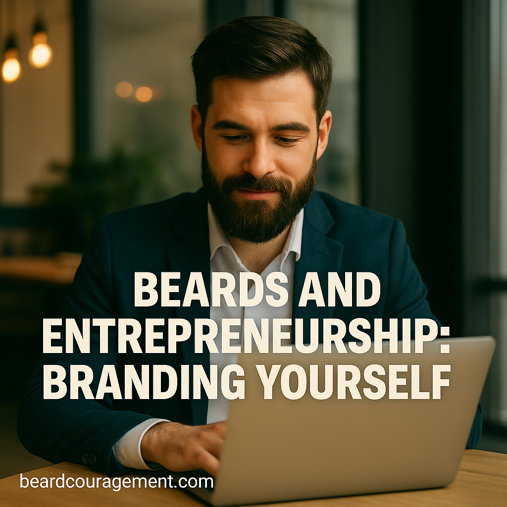 Bearded entrepreneur working confidently on a laptop in a modern office, symbolizing personal branding and leadership.