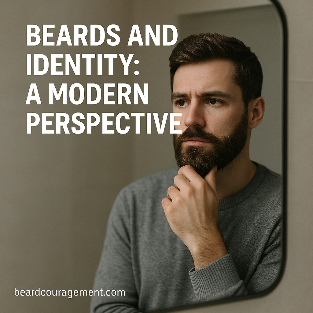 Thoughtful man with a well-groomed beard looking in the mirror, representing how facial hair connects to modern identity and self-expression