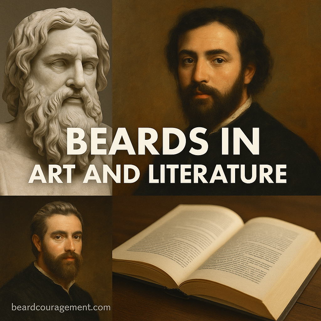 Classic and modern artistic depictions of bearded men in paintings and books, symbolizing the beard’s role in art and literature