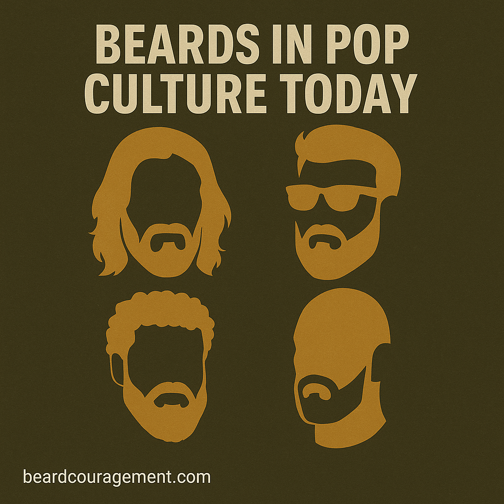 Collage of modern actors, musicians, and athletes with stylish beards symbolizing today’s beard culture.