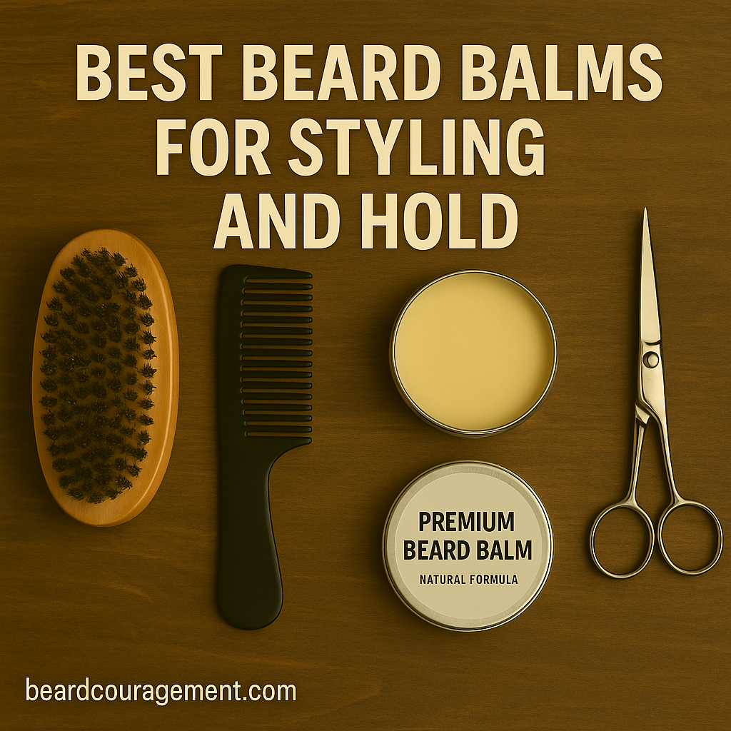 Close-up of beard grooming tools and beard balm tins arranged on a wooden surface.