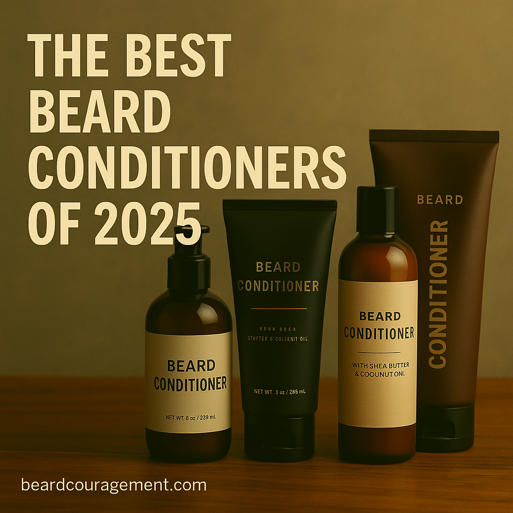 Lineup of premium beard conditioner bottles on a wooden surface with the title ‘The Best Beard Conditioners of 2025.’