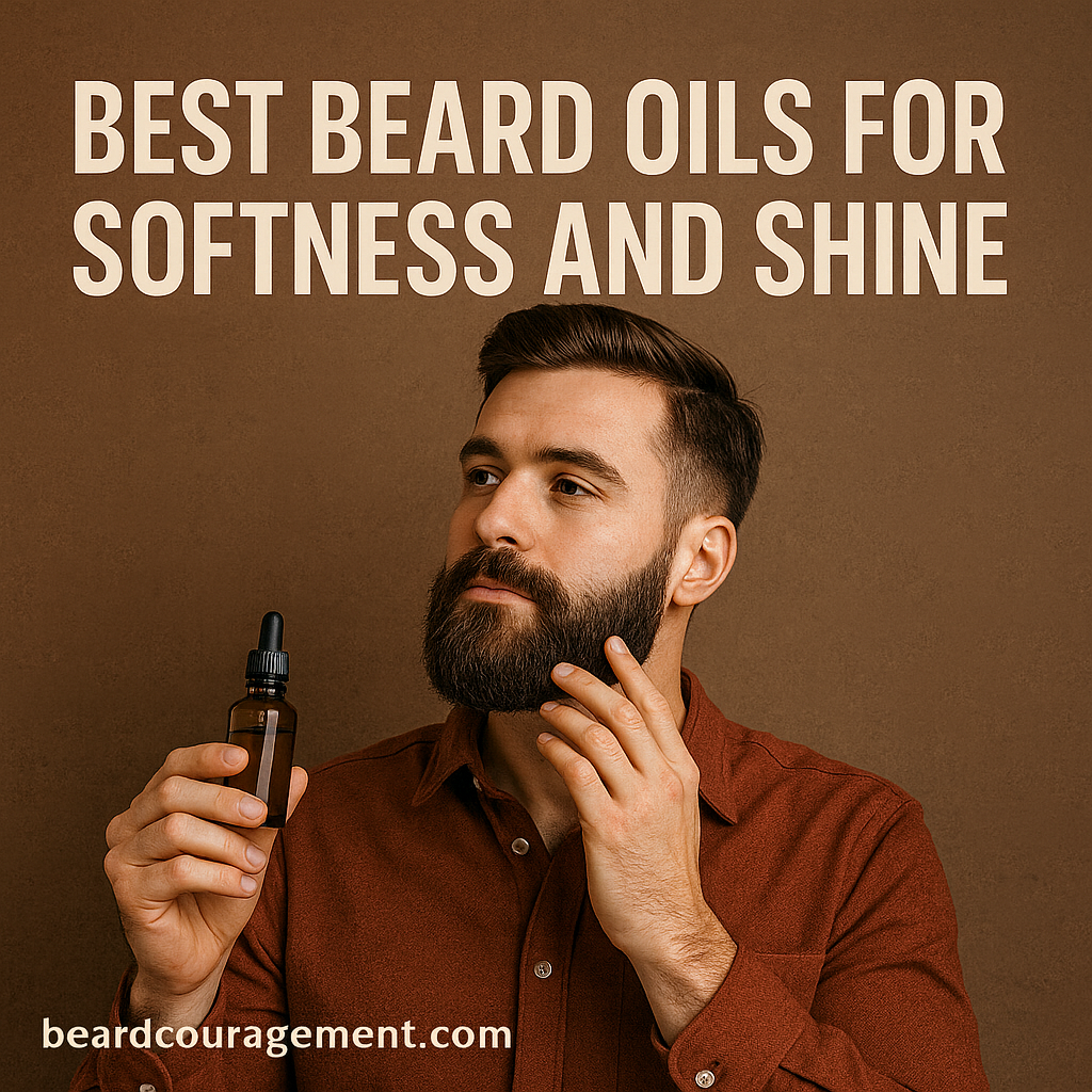 Man with a well-groomed beard applying beard oil for softness and shine against a warm brown background.