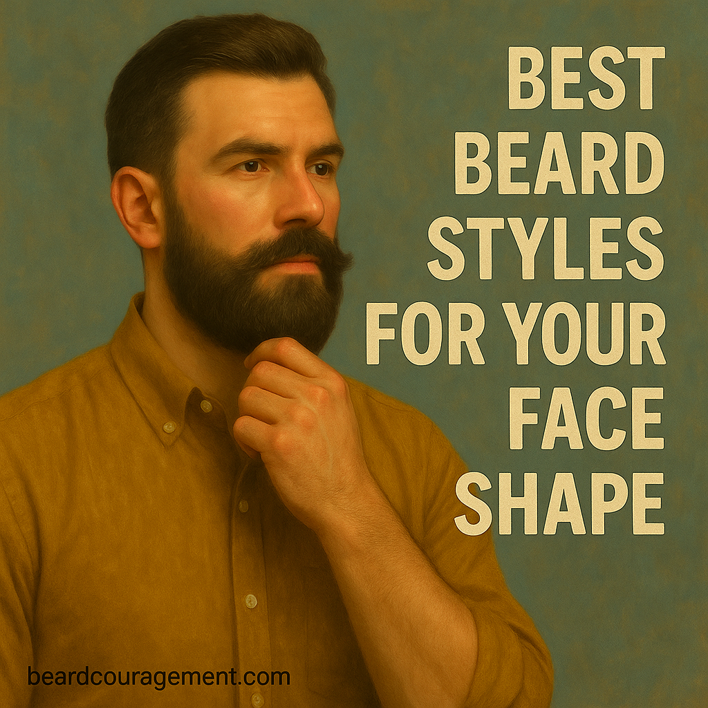 Man with a neatly groomed beard wearing a mustard shirt, thoughtfully posing beside text that reads “Best Beard Styles for Your Face Shape.”