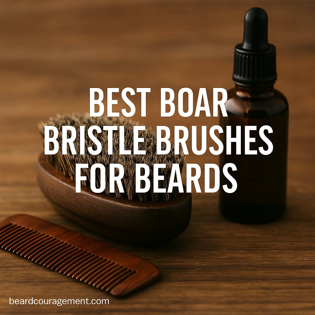 Close-up of a boar bristle beard brush resting beside beard oil and comb on a wooden counter, representing premium grooming tools for men