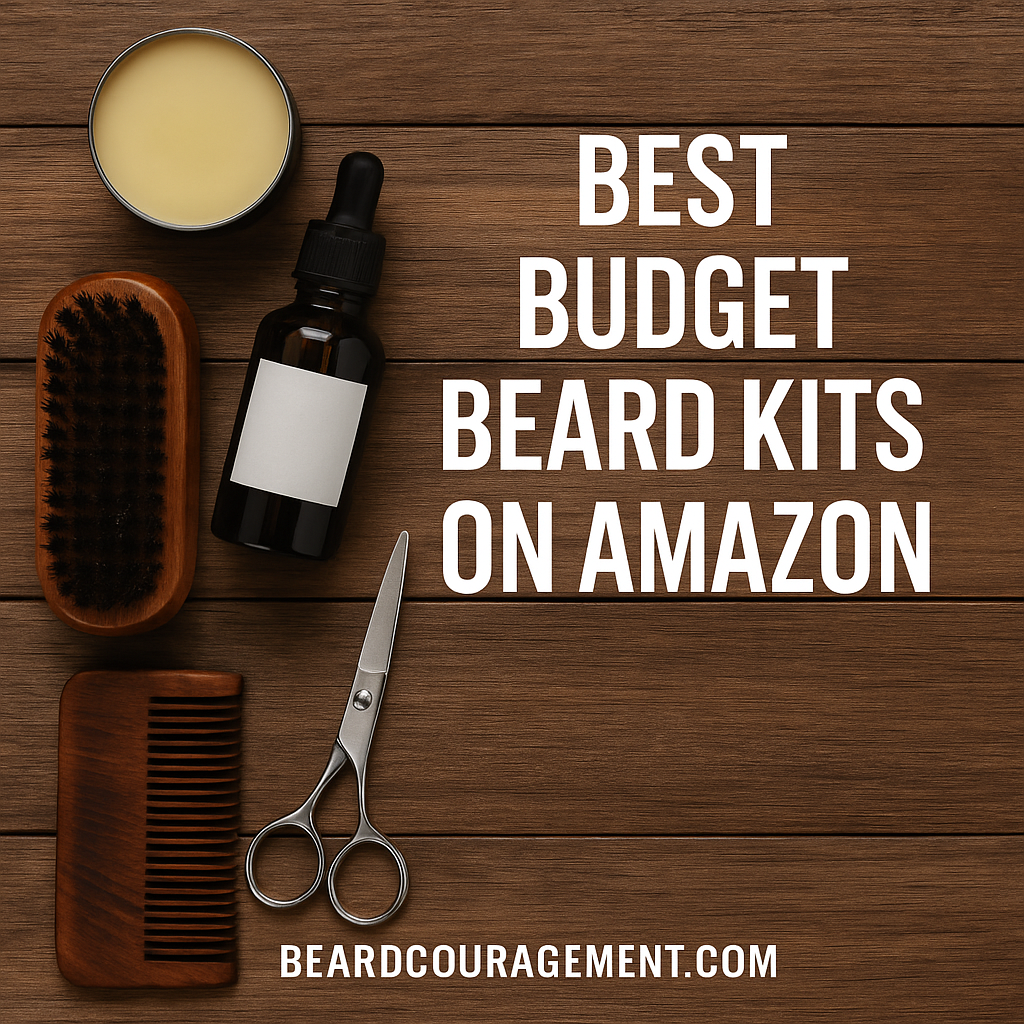 Flat lay of affordable beard grooming products and tools from a beard kit, including oil, brush, scissors, and balm on a wooden surface