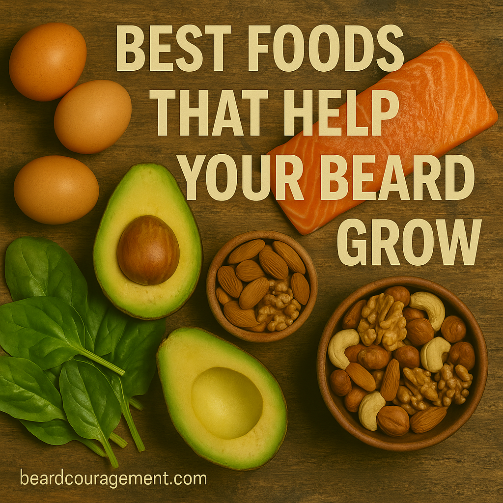 Flat-lay of healthy foods that support beard growth, including eggs, salmon, nuts, avocado, spinach, and sweet potatoes beside text that reads “Best Foods That Help Your Beard Grow.”