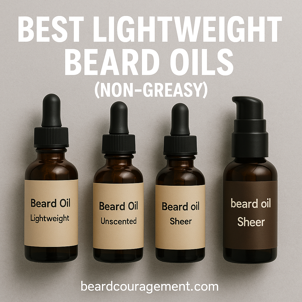 Four amber glass bottles of lightweight, non-greasy beard oil with simple beige labels on a gray background.