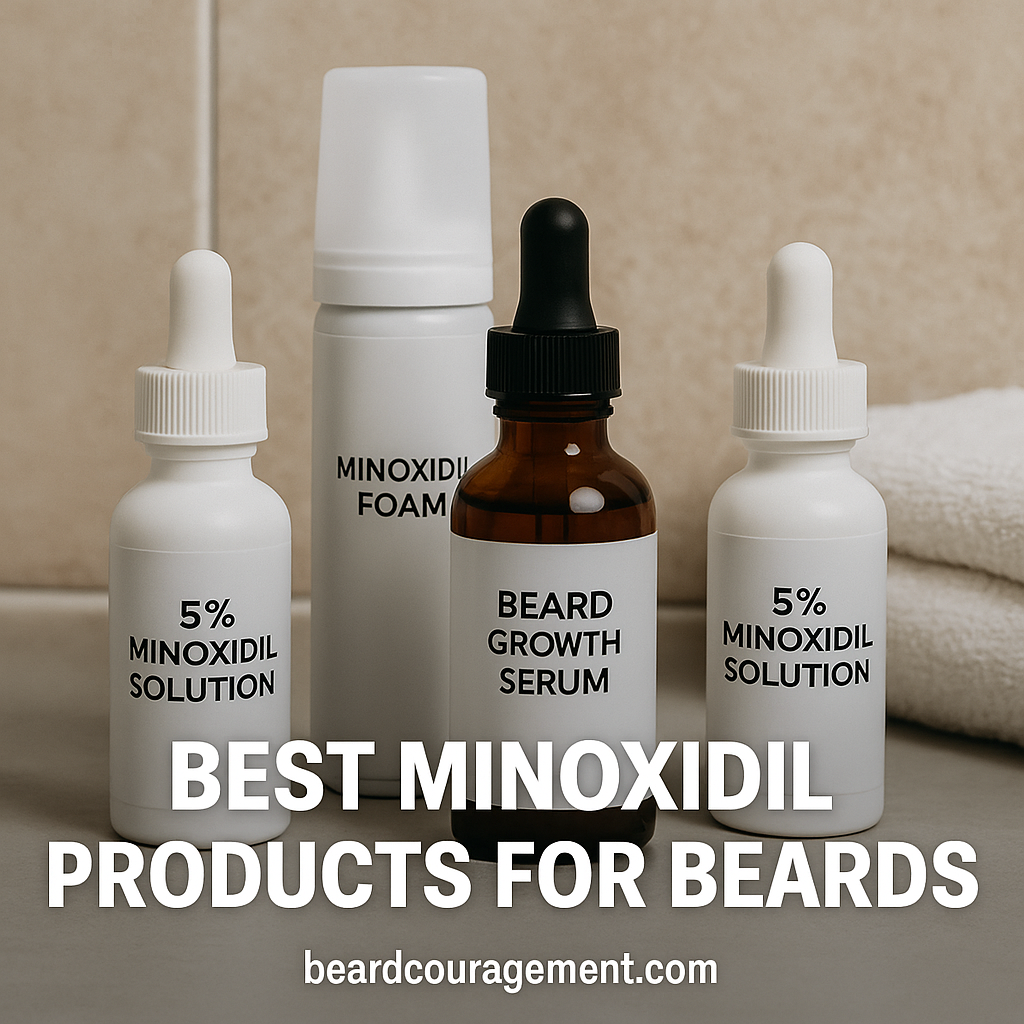 Various Minoxidil bottles and foam containers arranged on a bathroom counter, representing top beard growth products.