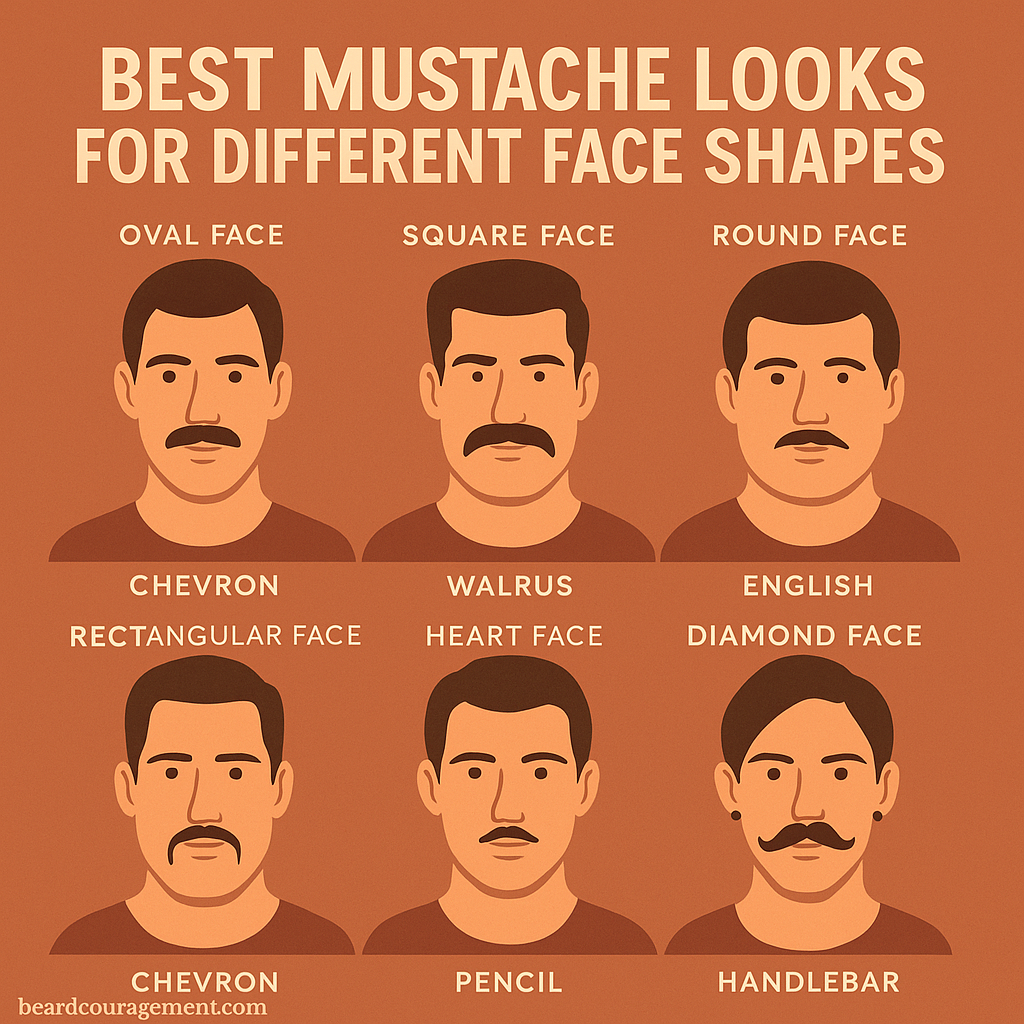 Illustrated infographic showing six face shapes with matching mustache styles, now correctly labeled with beardcouragement.com at the bottom left.