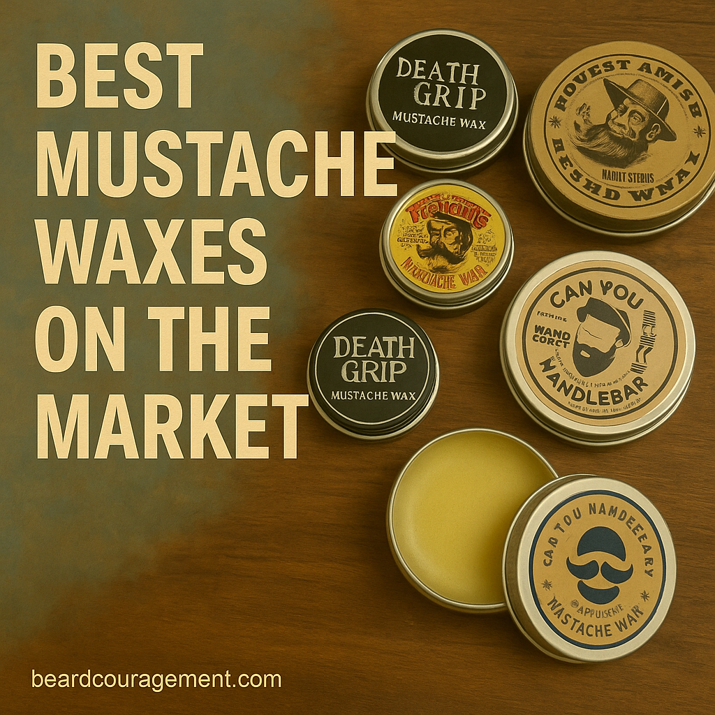 Five tins of mustache wax arranged on a wooden surface beside text that reads “Best Mustache Waxes on the Market.”