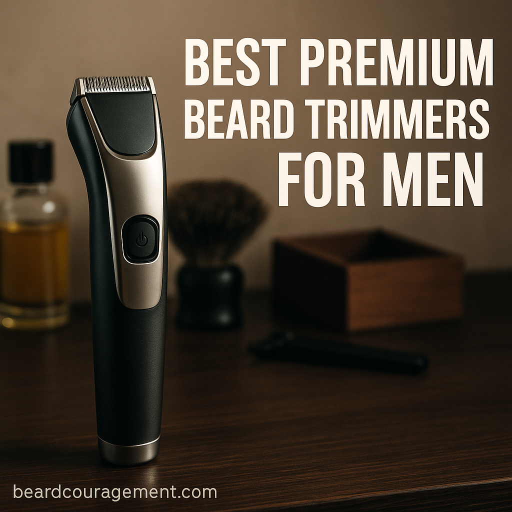 Close-up of a sleek modern beard trimmer on a wooden counter beside grooming accessories, representing high-quality premium beard trimmers for men