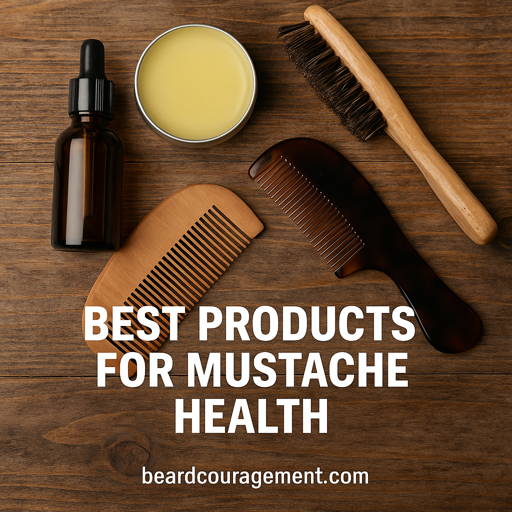 Close-up of grooming tools and mustache care products arranged on a wooden surface.
Caption: Natural oils, balms, and waxes help maintain mustache health by hydrating hair and conditioning