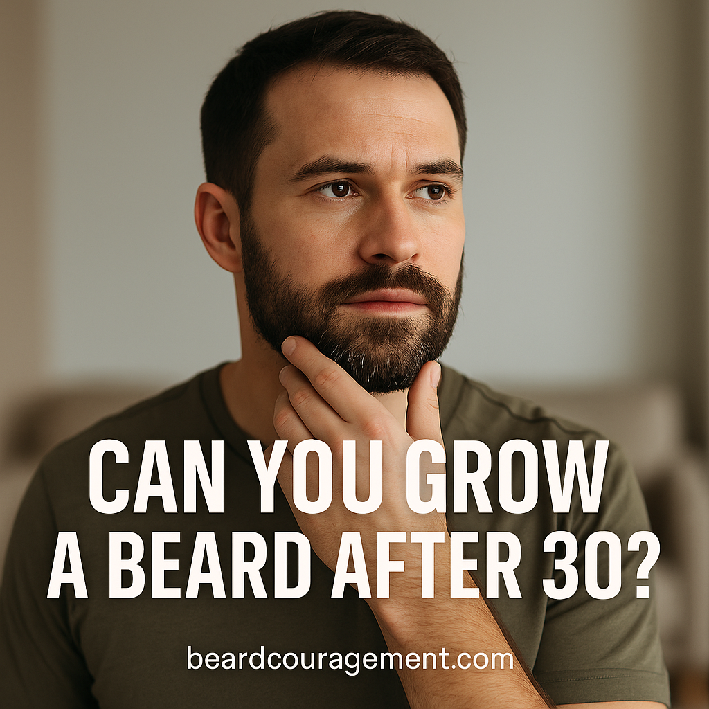 Confident man in his 30s touching his beard, representing how facial hair growth can continue and improve with age