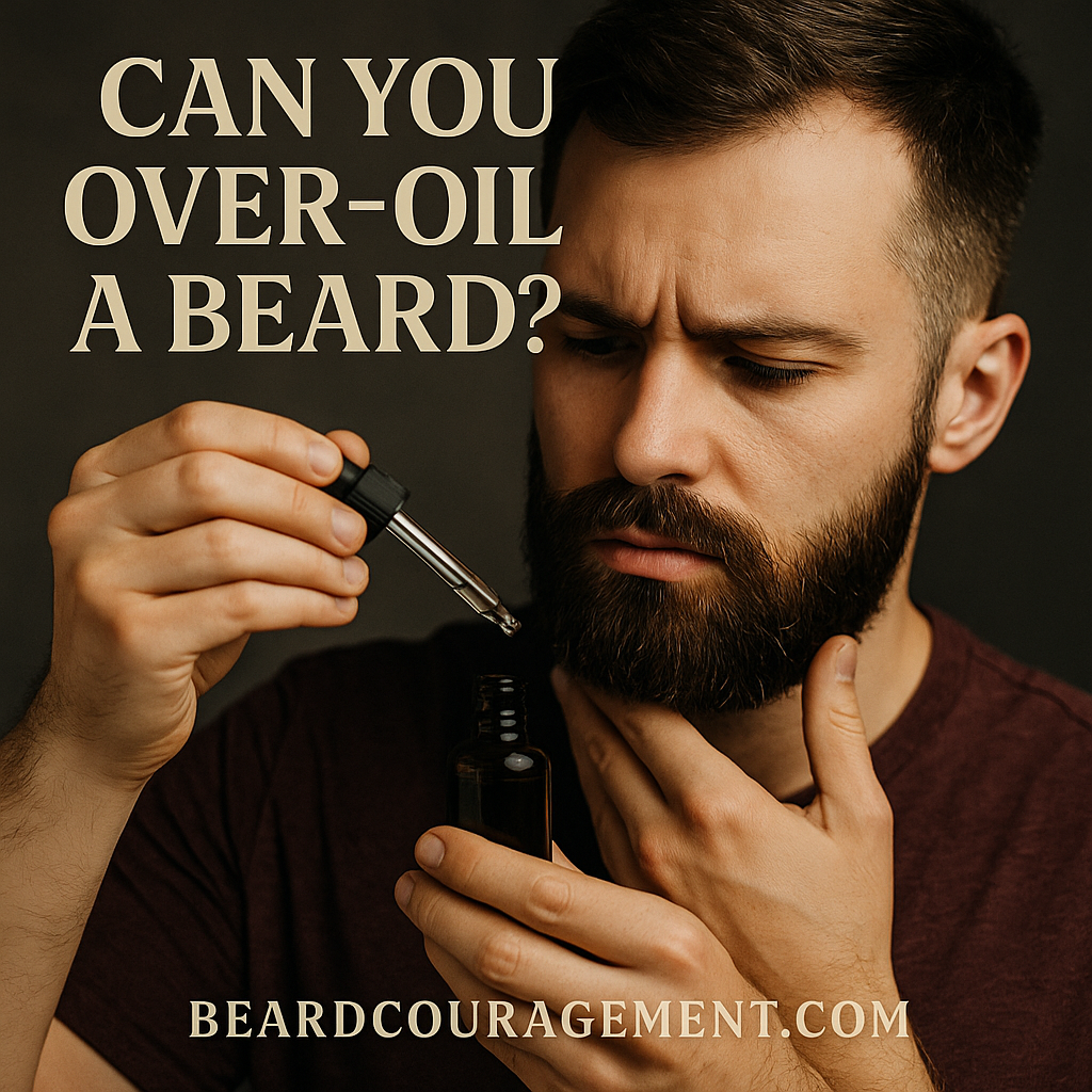 A man carefully applying beard oil with a dropper, examining his beard closely to avoid using too much oil.