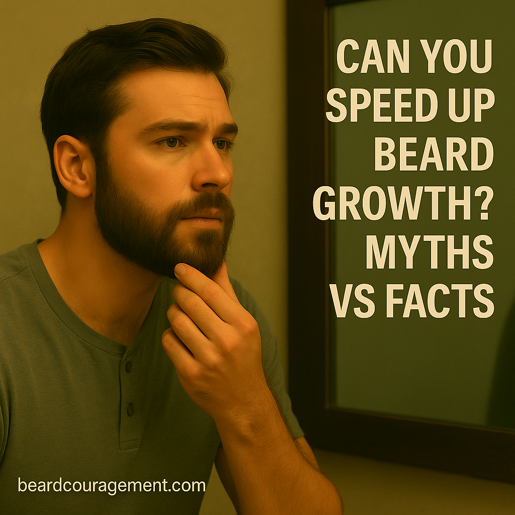 Man looking in the mirror examining beard growth under warm lighting.