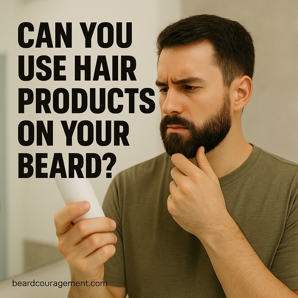 Bearded man examining a shampoo bottle while touching his beard, with bold sans-serif text reading “Can You Use Hair Products on Your Beard?”