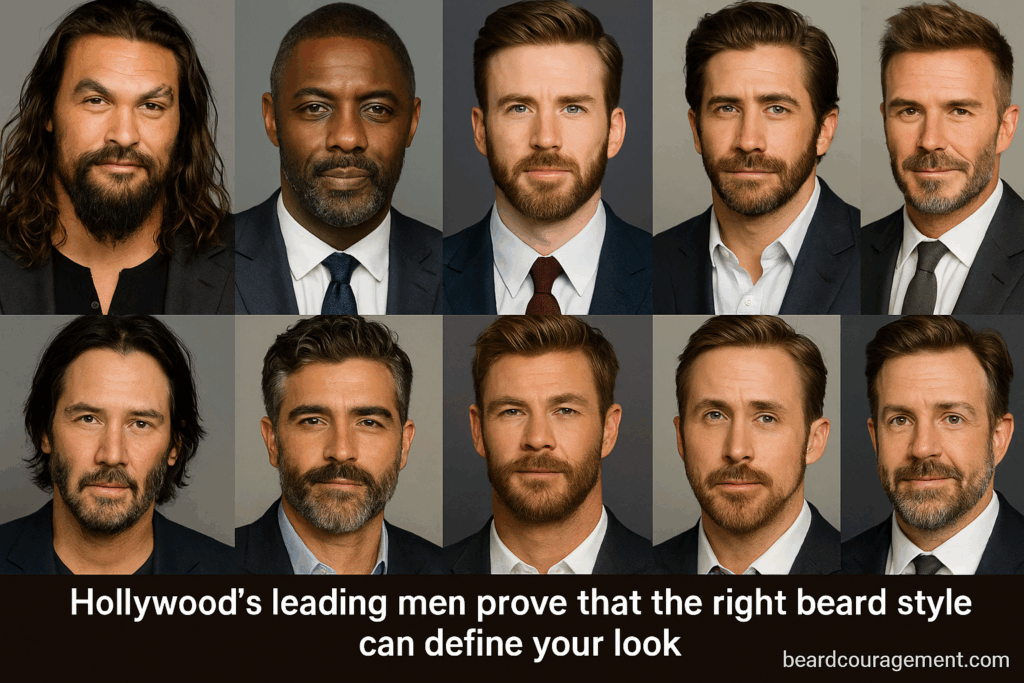 Collage of 10 male celebrities with stylish beard styles including Jason Momoa, Idris Elba, Chris Evans, Jake Gyllenhaal, and more.