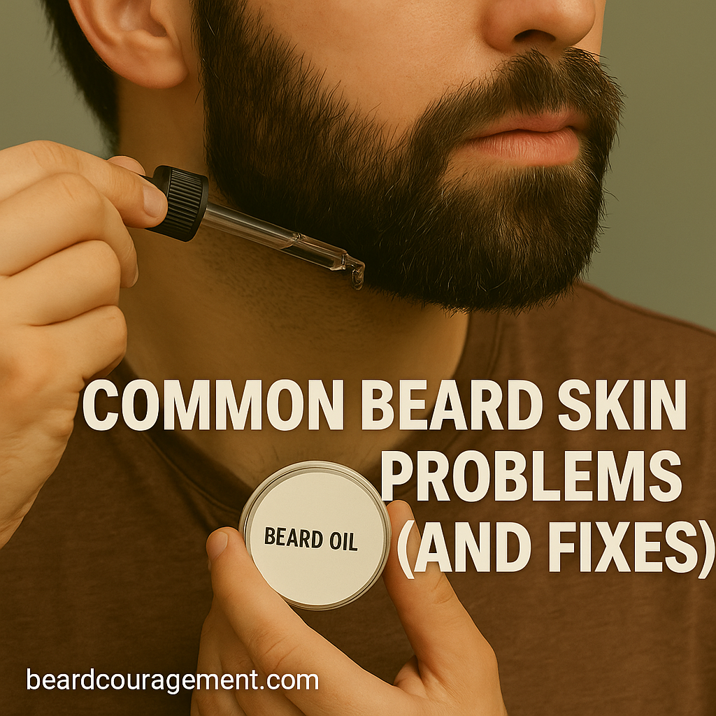 Close-up of a man applying beard oil to maintain healthy skin under his beard.
