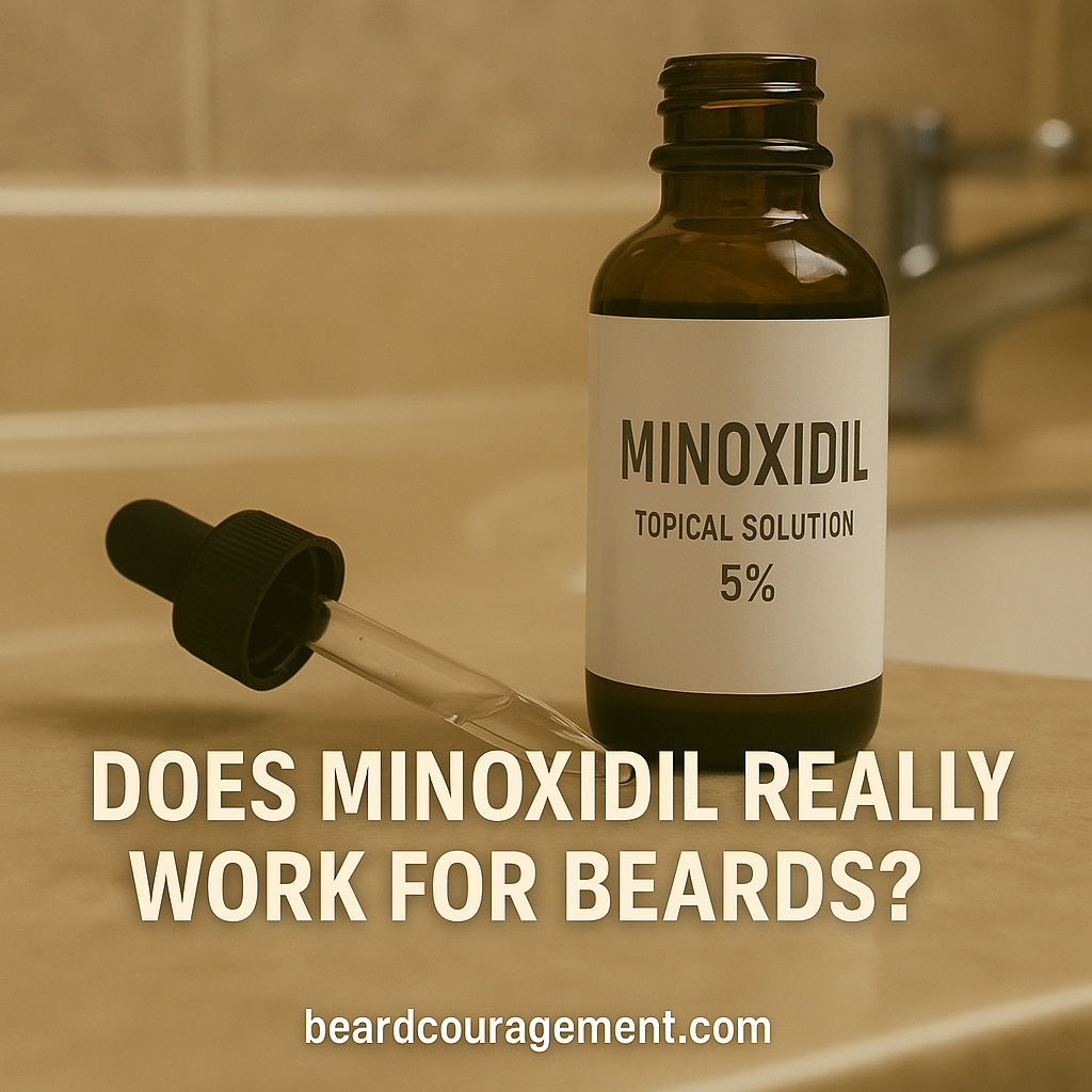 Bottle of Minoxidil and dropper placed on a bathroom counter, symbolizing beard growth treatment.
