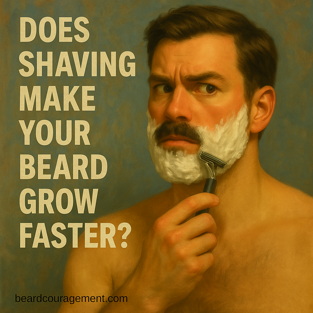 Man with short facial hair shaving in front of a mirror with a curious expression beside text that reads “Does Shaving Make Your Beard Grow Faster?”