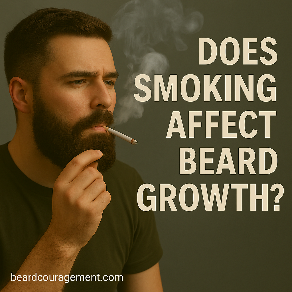 Man with a beard exhaling smoke, symbolizing the effects of smoking on beard health and growth.