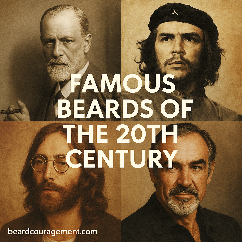 Collage of iconic 20th-century figures including Sigmund Freud, Che Guevara, John Lennon, and Sean Connery, representing the evolution of beard styles through history