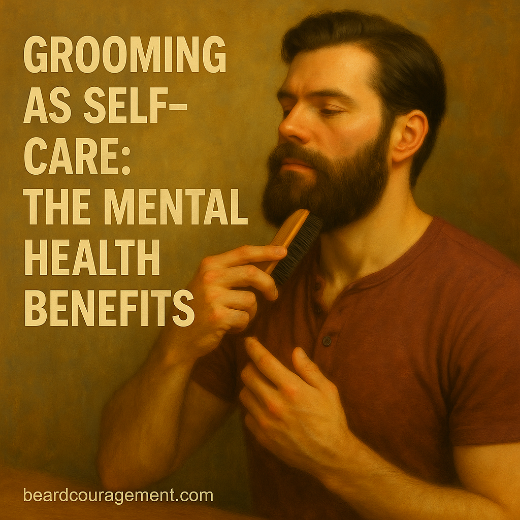 Calm, confident man grooming his beard in a relaxed setting beside text that reads “Grooming as Self-Care: The Mental Health Benefits.”