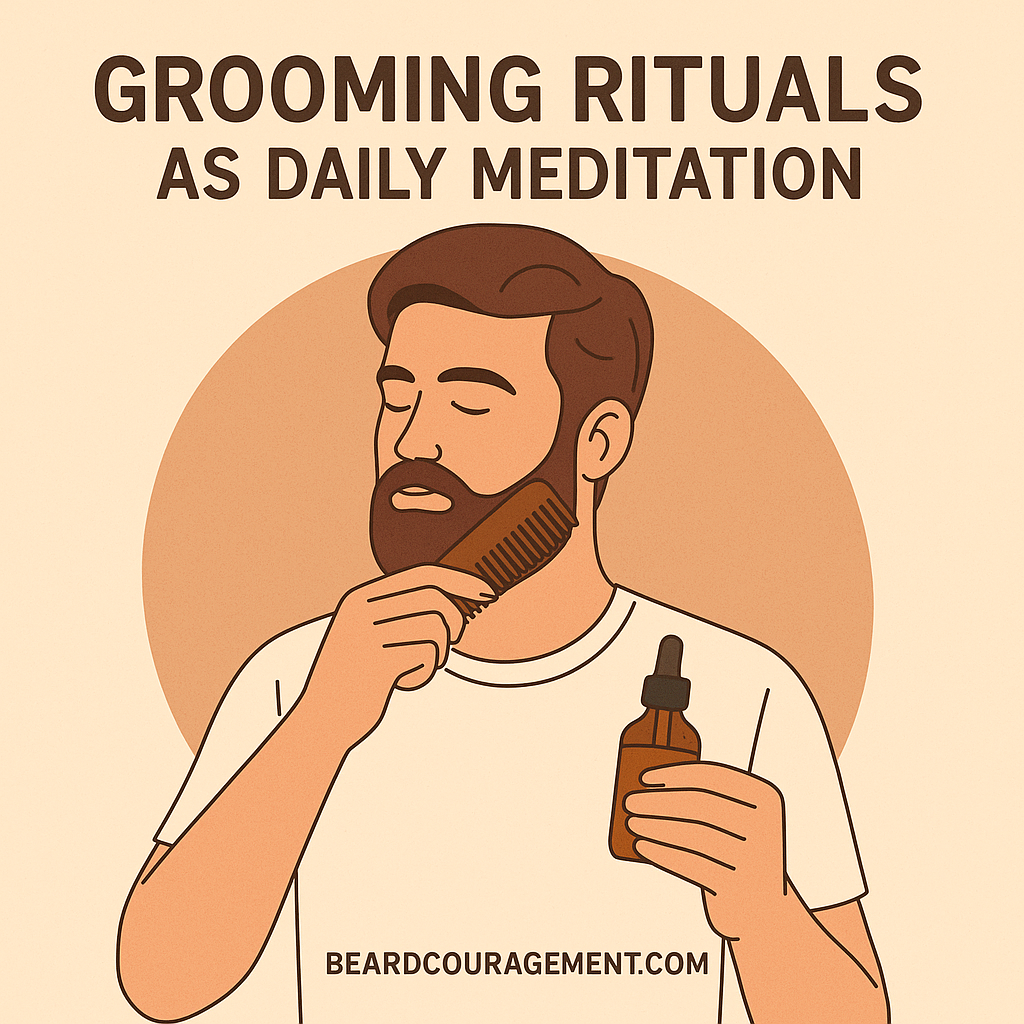 Illustrated man calmly combing his beard while holding beard oil, representing grooming as a mindful daily meditation practice.