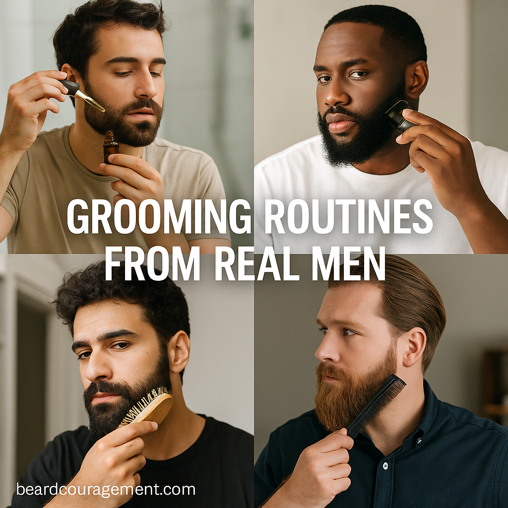 Collage of diverse men grooming their beards, applying oil, trimming, and brushing, representing real-world beard care routines