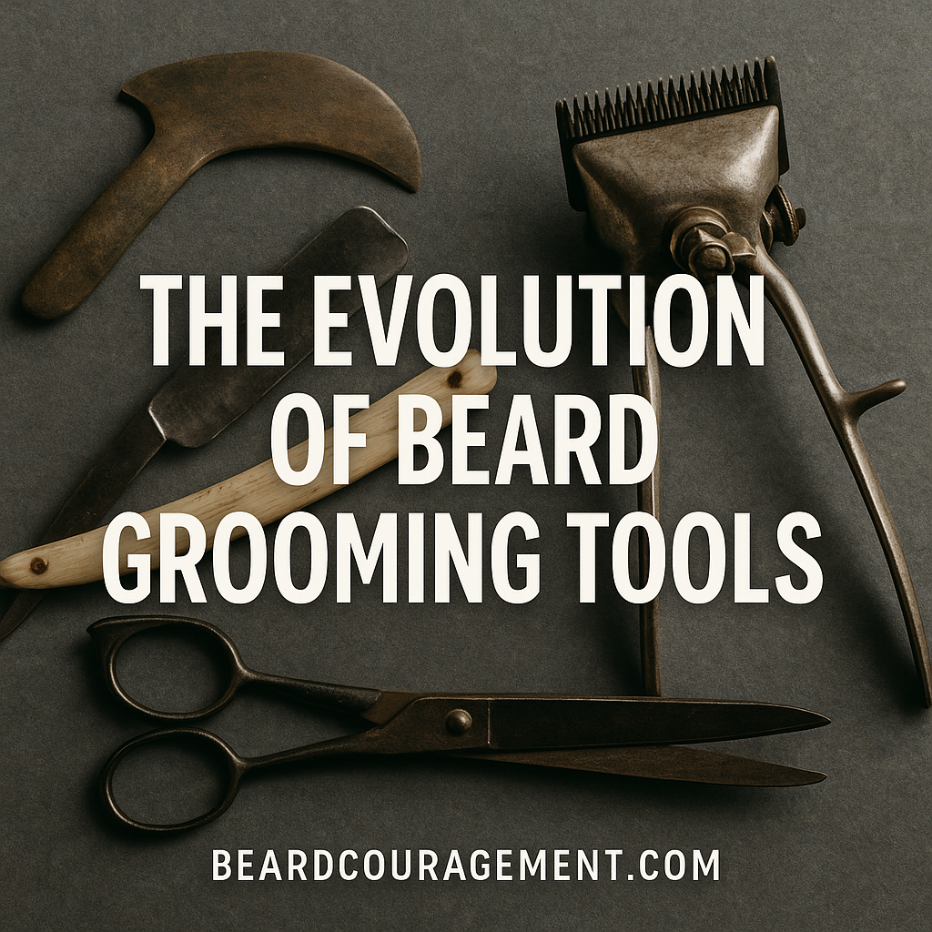 A collection of vintage beard grooming tools including a straight razor, scissors, and manual clippers arranged on a dark surface with the title “The Evolution of Beard Grooming Tools.”